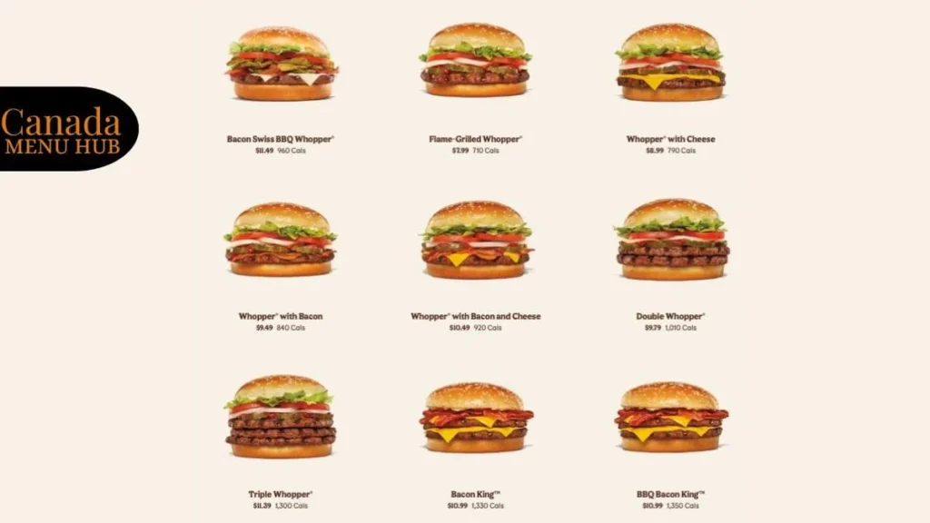 Burger King Flame Grilled Burgers Menu Canada Prices
